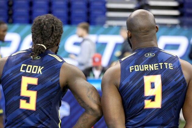 Florida State running back Dalvin Cook and LSU running back Leonard Fournette are seem before a drill at the 2017 NFL football scouting combine Friday, March 3, 2017, in Indianapolis. (AP Photo/Gregory Payan)