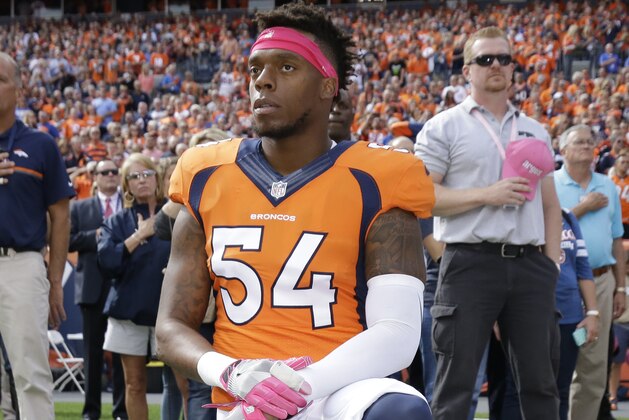 Denver Broncos inside linebacker Brandon Marshall (54) kneels during the national anthem prior to an NFL football game against the Atlanta Falcons, Sunday, Oct. 9, 2016, in Denver. (AP Photo/Jack Dempsey)