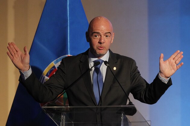 FIFA president Gianni Infantino gives a speech during the 67th Ordinary CONMEBOL (South American Football Confederation) Congress in Santiago, on April 26, 2017.  / AFP PHOTO / CLAUDIO REYES        (Photo credit should read CLAUDIO REYES/AFP/Getty Images)