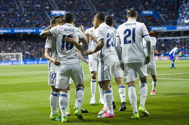 LA CORUNA, SPAIN - APRIL 26:  James Rodriguez of Real Madrid celebrates after scoring his team's second goal during the La Liga match between RC Deportivo La Coruna and Real Madrid at Riazor Stadium on April 26, 2017 in La Coruna, Spain.  (Photo by Juan Manuel Serrano Arce/Getty Images)