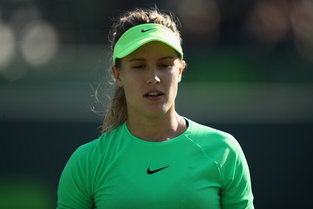 KEY BISCAYNE, FL - MARCH 22:  Eugenie Bouchard of Canada looks on in her match against Ashleigh Barty of Australia at Crandon Park Tennis Center on March 22, 2017 in Key Biscayne, Florida.  (Photo by Julian Finney/Getty Images)