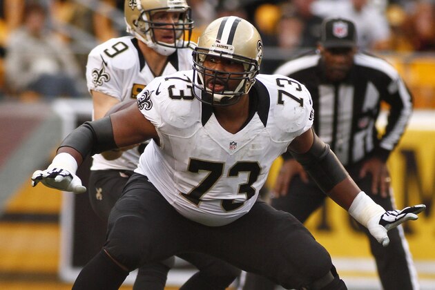 PITTSBURGH, PA - NOVEMBER 30:  Jahri Evans #73 of the New Orleans Saints blocks against the Pittsburgh Steelers during the game on November 30, 2014 at Heinz Field in Pittsburgh, Pennsylvania.  (Photo by Justin K. Aller/Getty Images)