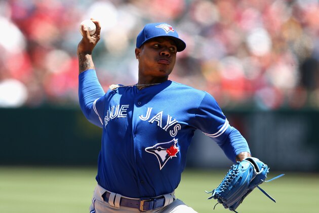 ANAHEIM, CA - APRIL 23:  Marcus Stroman #6 of the Toronto Blue Jays pitches during the first  inning of a game against the Los Angeles Angels of Anaheim  at Angel Stadium of Anaheim on April 23, 2017 in Anaheim, California.  (Photo by Sean M. Haffey/Getty Images)