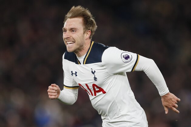 Tottenham's Christian Eriksen celebrates after he scored a goal during the English Premier League soccer match between Crystal Palace and Tottenham Hotspur at Selhurst Park stadium in London, Wednesday, April 26, 2017. (AP Photo/Kirsty Wigglesworth)