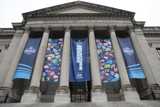 Banners hand from the Franklin Institute ahead of the 2017 NFL football draft, in Philadelphia, Wednesday, April 26, 2017. (AP Photo/Matt Rourke)
