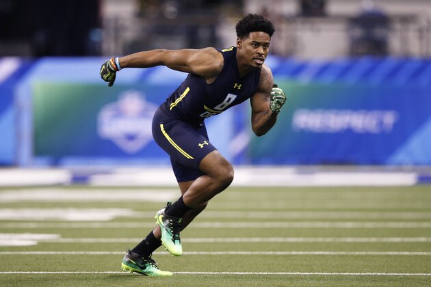 INDIANAPOLIS, IN - MARCH 06: Defensive back Gareon Conley of Ohio State in action during day six of the NFL Combine at Lucas Oil Stadium on March 6, 2017 in Indianapolis, Indiana. (Photo by Joe Robbins/Getty Images)