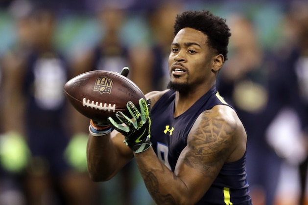 FILE - In this March 6, 2017, file photo, Ohio State defensive back Gareon Conley runs a drill at the NFL football scouting combine in Indianapolis. An attorney for the former Ohio State star says the player denies an accusation made in a police report released Tuesday, April 25, 2017, that he sexually assaulted a woman. No charges have been filed and the incident is still being investigated by police. (AP Photo/David J. Phillip, File)