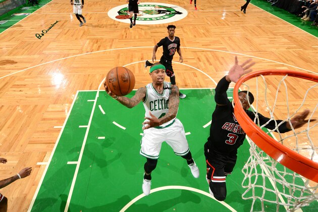 BOSTON, MA - APRIL 26: Isaiah Thomas #4 of the Boston Celtics shoots a lay up during the game against the Chicago Bulls in Game Five of the Eastern Conference Quarterfinals of the 2017 NBA Playoffs on April 26, 2017 at TD Garden in Boston, Massachusetts. NOTE TO USER: User expressly acknowledges and agrees that, by downloading and or using this Photograph, user is consenting to the terms and conditions of the Getty Images License Agreement. Mandatory Copyright Notice: Copyright 2017 NBAE (Photo by Jesse D. Garrabrant/NBAE via Getty Images)