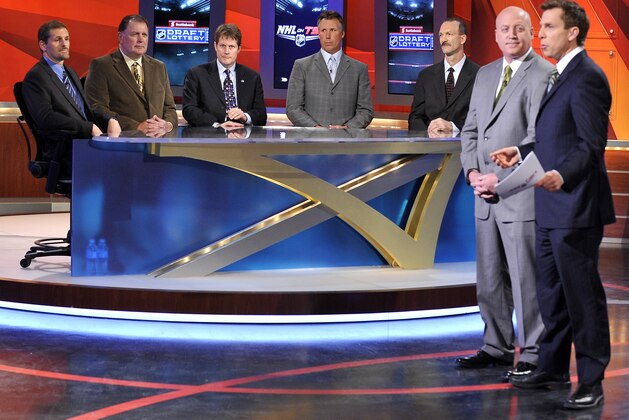 TORONTO - APRIL 14:  (L-R) Ron Hextal, Peter Mahovlich, Craig Billington, Dave Andreychuk and Ken Morrow take part in the NHL Draft Lottery along with NHL Deputy Commissioner Bill Daly and host James Duthie at TSN Studios April 14, 2009  in Toronto, Ontario, Canada. (Photo by Brad White/Getty Images)