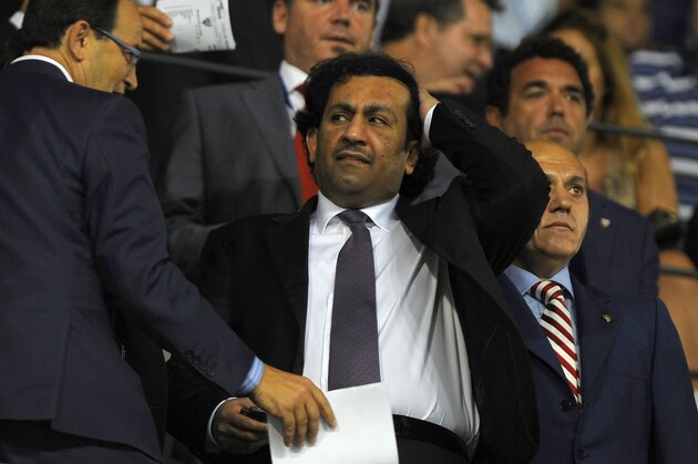 (FILES) This file picture dated September 19, 2010 shows Malaga CF's chairman Sheikh Abdallah Ben Nasser Al-Thani during a Spanish league football match match between Malaga C.F. and Sevilla at Rosaleda stadium. Spanish side Malaga will not be able to play in the Europa League next season after the Court of Arbitration for Sport (CAS) upheld UEFA's one-year European ban, the tribunal announced on June 11, 2013. AFP PHOTO / JORGE GUERRERO        (Photo credit should read Jorge Guerrero/AFP/Getty Images)