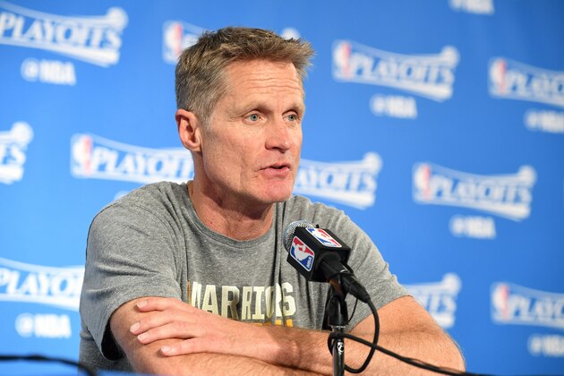 OAKLAND, CA - APRIL 16: Steve Kerr of the Golden State Warriors talks with the press after the game against the Portland Trail Blazers during the Western Conference Quarterfinals of the 2017 NBA Playoffs on April 16, 2017 at Oracle Arena in Oakland, California. NOTE TO USER: User expressly acknowledges and agrees that, by downloading and or using this photograph, user is consenting to the terms and conditions of Getty Images License Agreement. Mandatory Copyright Notice: Copyright 2017 NBAE (Photo by Garrett Ellwood/NBAE via Getty Images)