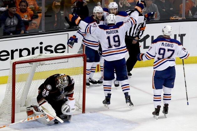 Edmonton Oilers celebrates after center Mark Letestu, back left, scored a goal past Anaheim Ducks goalie John Gibson during the third period in Game 1 of a second-round NHL hockey Stanley Cup playoff series in Anaheim, Calif., Wednesday, April 26, 2017. (AP Photo/Chris Carlson)
