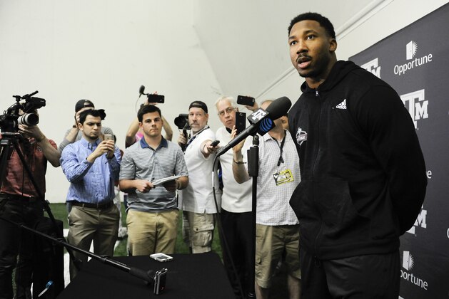 Former Texas A&M defensive end Myles Garrett speaks to the media during Texas A&M Pro Day at the NCAA football team's indoor training facility, Thursday, Match 30, 2017, in College Station, Texas. The event is to showcase players for the upcoming NFL football draft. (AP Photo/Eric Christian Smith)