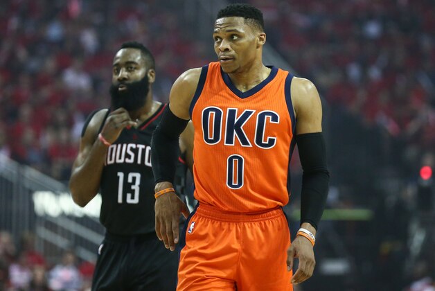 Apr 16, 2017; Houston, TX, USA; Oklahoma City Thunder guard Russell Westbrook (0) walks on the court during a time out during the game against the Houston Rockets in game one of the first round of the 2017 NBA Playoffs at Toyota Center. Mandatory Credit: Troy Taormina-USA TODAY Sports