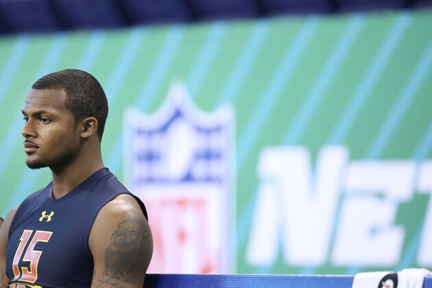 Clemson quarterback Deshaun Watson is seen after a drill at the 2017 NFL football scouting combine Saturday, March 4, 2017, in Indianapolis. (AP Photo/Gregory Payan)