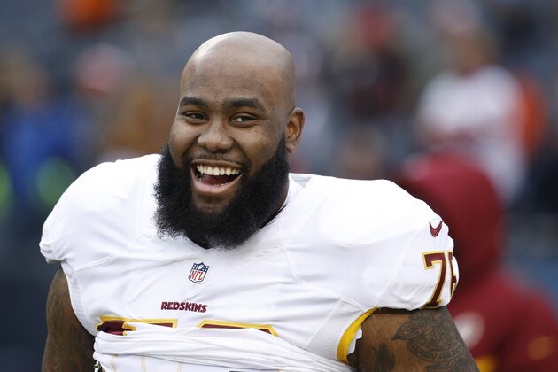 CHICAGO, IL - DECEMBER 24: Morgan Moses #76 of the Washington Redskins looks on during the game against the Chicago Bears at Soldier Field on December 24, 2016 in Chicago, Illinois. Washington defeated Chicago 41-21. (Photo by Joe Robbins/Getty Images)