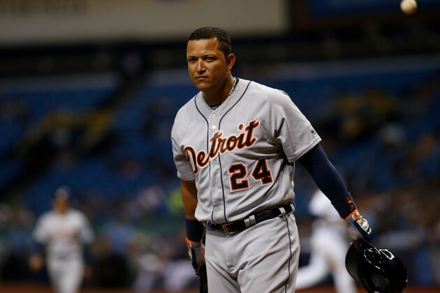 ST. PETERSBURG, FL - APRIL 18:  Miguel Cabrera #24 of the Detroit Tigers reacts after striking out swinging to pitcher Matt Andriese of the Tampa Bay Rays to end the top of the third inning of a game on April 18, 2017 at Tropicana Field in St. Petersburg, Florida. (Photo by Brian Blanco/Getty Images)