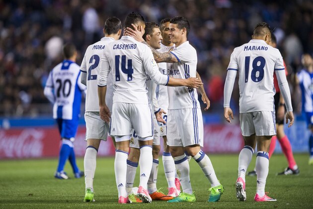 LA CORUNA, SPAIN - APRIL 26:  Casemiro of Real Madrid celebrates after scoring his team's sixth goal during the La Liga match between RC Deportivo La Coruna and Real Madrid at Riazor Stadium on April 26, 2017 in La Coruna, Spain.  (Photo by Juan Manuel Serrano Arce/Getty Images)