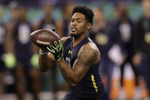 Ohio State defensive back Gareon Conley runs a drill at the NFL football scouting combine Monday, March 6, 2017, in Indianapolis. (AP Photo/David J. Phillip)