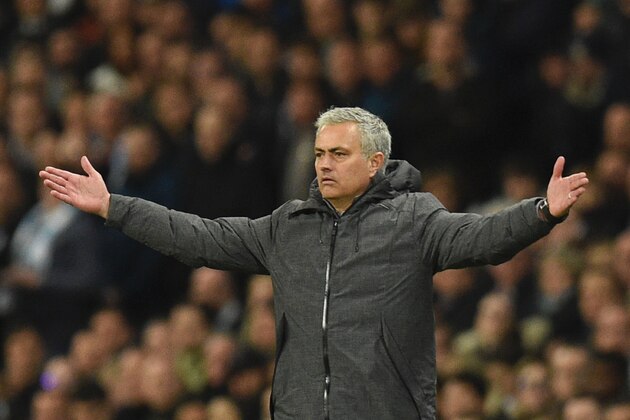 Manchester United's Portuguese manager Jose Mourinho gestures on the touchline during the English Premier League football match between Manchester City and Manchester United at the Etihad Stadium in Manchester,north west England, on April 27, 2017. / AFP PHOTO / Oli SCARFF / RESTRICTED TO EDITORIAL USE. No use with unauthorized audio, video, data, fixture lists, club/league logos or 'live' services. Online in-match use limited to 75 images, no video emulation. No use in betting, games or single club/league/player publications.  /         (Photo credit should read OLI SCARFF/AFP/Getty Images)
