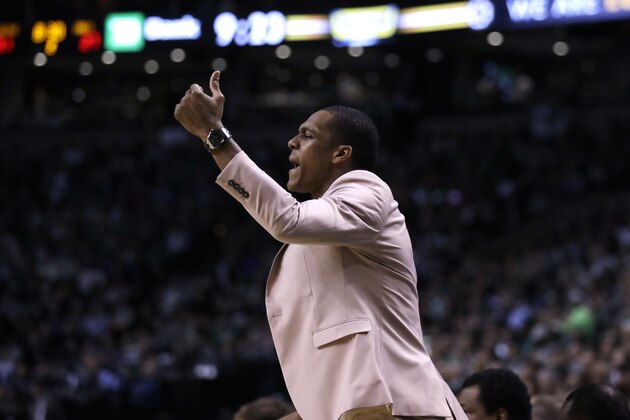 Chicago Bulls guard Rajon Rondo on the bench during the second quarter of a first-round NBA playoff basketball game in Boston, Wednesday, April 26, 2017. (AP Photo/Charles Krupa)