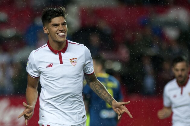 Sevilla's Argentinian midfielder Joaquin Correa celebrates a goal during the Spanish league football match Sevilla FC vs RC Celta de Vigo at the Ramon Sanchez Pizjuan stadium in Sevilla on April 27, 2017. / AFP PHOTO / JORGE GUERRERO        (Photo credit should read JORGE GUERRERO/AFP/Getty Images)