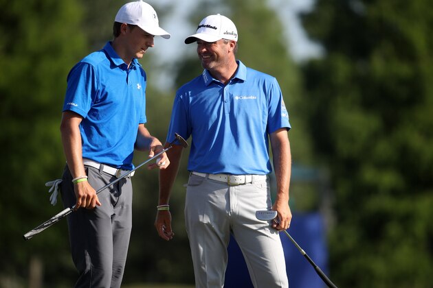 AVONDALE, LA - APRIL 27:  Jordan Spieth and Ryan Palmer react to their shot on the 18th hole during the first round of the Zurich Classic at TPC Louisiana on April 27, 2017 in Avondale, Louisiana.  (Photo by Chris Graythen/Getty Images)