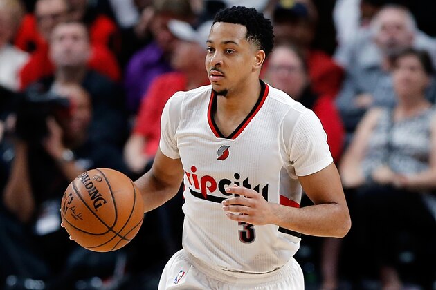 PORTLAND, OR - APRIL 22:  CJ McCollum #3 of the Portland Trail Blazers drives the ball against the Golden State Warriors  during Game Three of the Western Conference Quarterfinals of  the 2017 NBA Playoffs at Moda Center on April 22, 2017 in Portland, Oregon.  NOTE TO USER: User expressly acknowledges and agrees that, by downloading and or using this photograph, User is consenting to the terms and conditions of the Getty Images License Agreement.  (Photo by Jonathan Ferrey/Getty Images)
