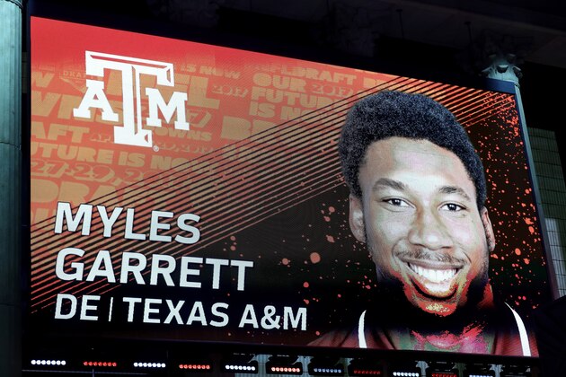 PHILADELPHIA, PA - APRIL 27:  A detailed view of the screen on stage of Myles Garrett of Texas A&M after being picked #1 overall by the Cleveland Browns during the first round of the 2017 NFL Draft at the Philadelphia Museum of Art on April 27, 2017 in Philadelphia, Pennsylvania.  (Photo by Elsa/Getty Images)