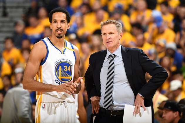 OAKLAND, CA - APRIL 16: Steve Kerr of the Golden State Warriors talks with Shaun Livingston #34 of the Golden State Warriors during the game against the Portland Trail Blazers during the Western Conference Quarterfinals of the 2017 NBA Playoffs on April 16, 2017 at Oracle Arena in Oakland, California. NOTE TO USER: User expressly acknowledges and agrees that, by downloading and or using this photograph, user is consenting to the terms and conditions of Getty Images License Agreement. Mandatory Copyright Notice: Copyright 2017 NBAE (Photo by Garrett Ellwood/NBAE via Getty Images)
