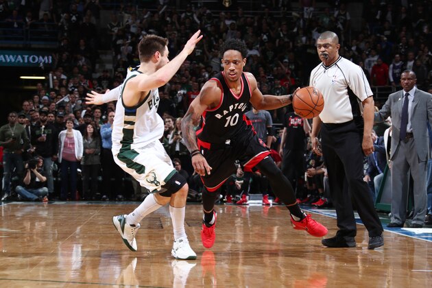Milwaukee, WI - APRIL 27:  DeMar DeRozan #10 of the Toronto Raptors handles the ball against the Milwaukee Bucks during Game Six of the Eastern Conference Quarterfinals of the 2017 NBA Playoffs on April 27, 2017 at the BMO Harris Bradley Center in Milwaukee, Wisconsin. NOTE TO USER: User expressly acknowledges and agrees that, by downloading and/or using this photograph, user is consenting to the terms and conditions of the Getty Images License Agreement. Mandatory Copyright Notice: Copyright 2017 NBAE (Photo by Nathaniel S. Butler/NBAE via Getty Images)