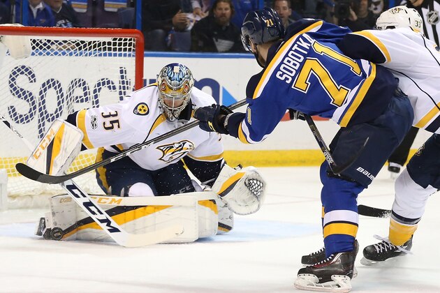 ST. LOUIS, MO - APRIL 26:  Pekka Rinne #35 of the Nashville Predators makes a save against the St. Louis Blues in Game One of the Western Conference Second Round during the 2017 NHL Stanley Cup Playoffs at the Scottrade Center on April 26, 2017 in St. Louis, Missouri.  (Photo by Dilip Vishwanat/Getty Images)