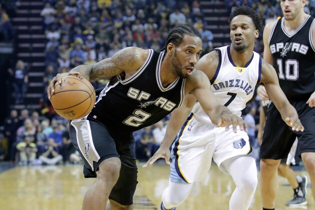 MEMPHIS, TN - APRIL 22:  Kawhi Leonard #2 of the San Antonio Spurs dribbles the ball against the Memphis Grizzlies in game four of the Western Conference Quarterfinals during the 2017 NBA Playoffs at FedExForum on April 22, 2017 in Memphis, Tennessee.   NOTE TO USER: User expressly acknowledges and agrees that, by downloading and or using this photograph, User is consenting to the terms and conditions of the Getty Images License Agreement  (Photo by Andy Lyons/Getty Images)