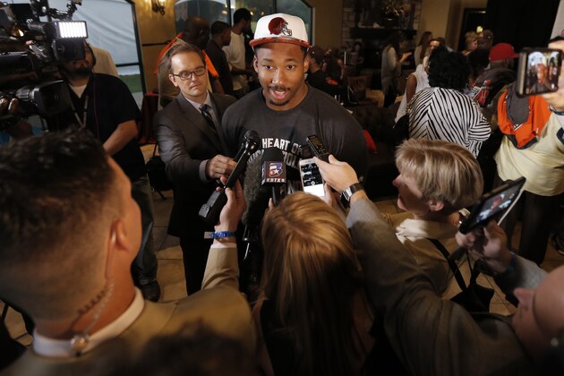 IMAGE DISTRIBUTED FOR FOR NFLPA - Myles Garrett talks to the media after being selected No. 1 overall by the Cleveland Browns while at the NFL Players Association's Myles Garrett Draft Day party at Terra Verde on Thursday, April 27, 2017, in Arlington, Texas. (Brandon Wade/AP Images for NFLPA)