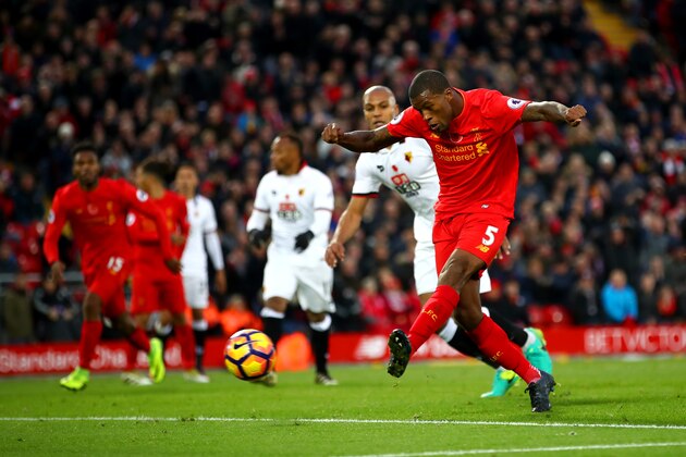 LIVERPOOL, ENGLAND - NOVEMBER 06: Georginio Wijnaldum of Liverpool scores his sides sixth goal  during the Premier League match between Liverpool and Watford at Anfield on November 6, 2016 in Liverpool, England.  (Photo by Clive Brunskill/Getty Images)