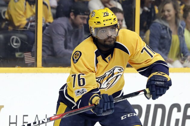 Nashville Predators defenseman P.K. Subban plays against the Arizona Coyotes during the third period of an NHL hockey game Monday, March 20, 2017, in Nashville, Tenn. (AP Photo/Mark Humphrey)