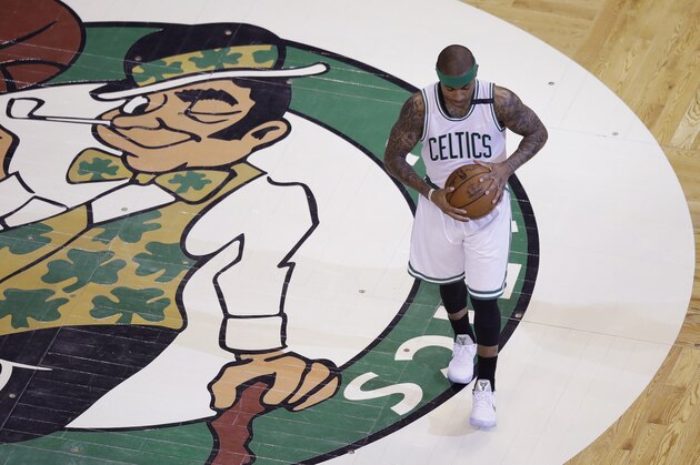Boston Celtics guard Isaiah Thomas before the first quarter of a first-round NBA playoff basketball game in Boston, Wednesday, April 26, 2017. (AP Photo/Charles Krupa)