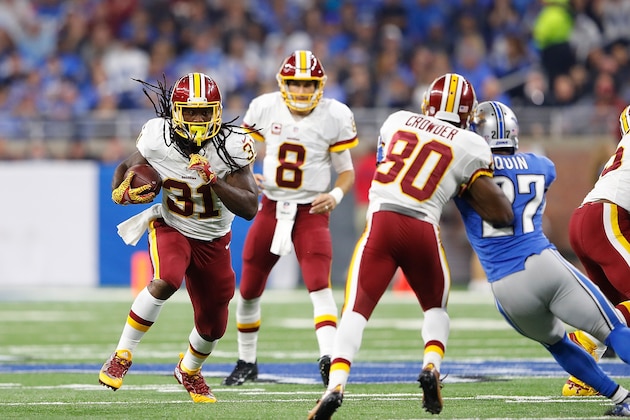 DETROIT, MI - OCTOBER 23: Matt Jones #31 of the Washington Redskins runs for a first down during the third quarter of the game against the Detroit Lions at Ford Field on October 23, 2016 in Detroit, Michigan. Detroit defeated Washington 20-17. (Photo by Leon Halip/Getty Images)