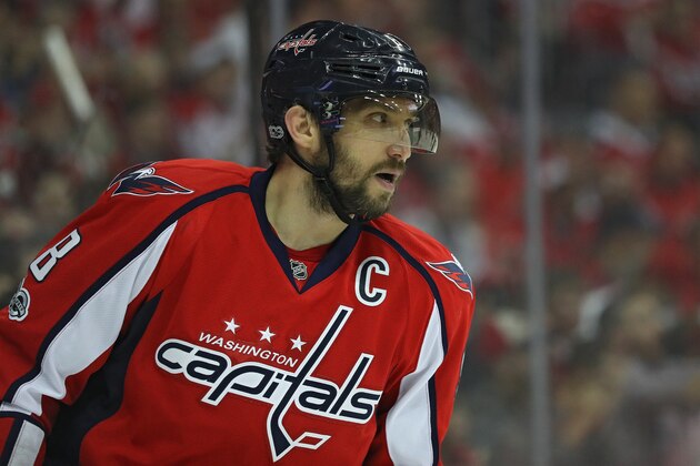 WASHINGTON, DC - APRIL 27: Alex Ovechkin #8 of the Washington Capitals looks on against the Pittsburgh Penguins in the first period in Game One of the Eastern Conference Second Round during the 2017 NHL Stanley Cup Playoffs at Verizon Center on April 27, 2017 in Washington, DC. (Photo by Patrick Smith/Getty Images)