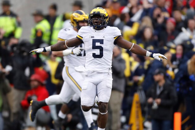 COLUMBUS, OH - NOVEMBER 26:   Jabrill Peppers #5 of the Michigan Wolverines reacts after a missed field goal by the Ohio State Buckeyes during their game at Ohio Stadium on November 26, 2016 in Columbus, Ohio.  (Photo by Gregory Shamus/Getty Images)