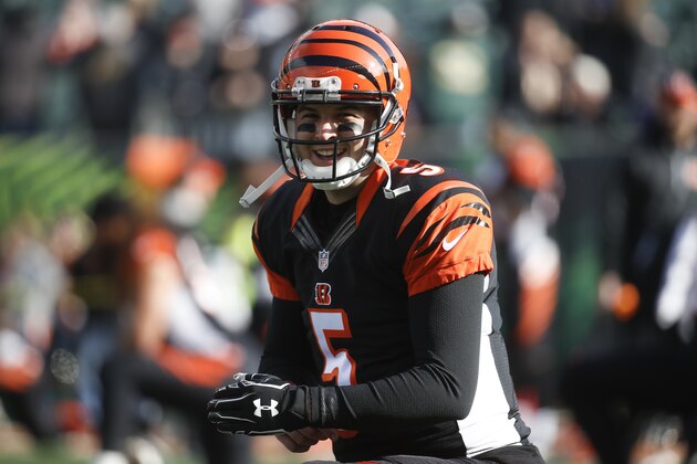Cincinnati Bengals quarterback AJ McCarron practices before an NFL football game against the Baltimore Ravens, Sunday, Jan. 1, 2017, in Cincinnati. (AP Photo/Frank Victores)