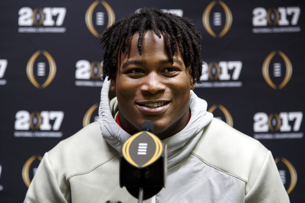 TAMPA, FL - JANUARY 7: Linebacker Reuben Foster #10 of the Alabama Crimson Tide addresses the media during Media Day before the College Football Playoff National Championship Game at Amalie Arena on January 7, 2017 in Tampa, Florida. (Photo by Don Juan Moore/Getty Images)
