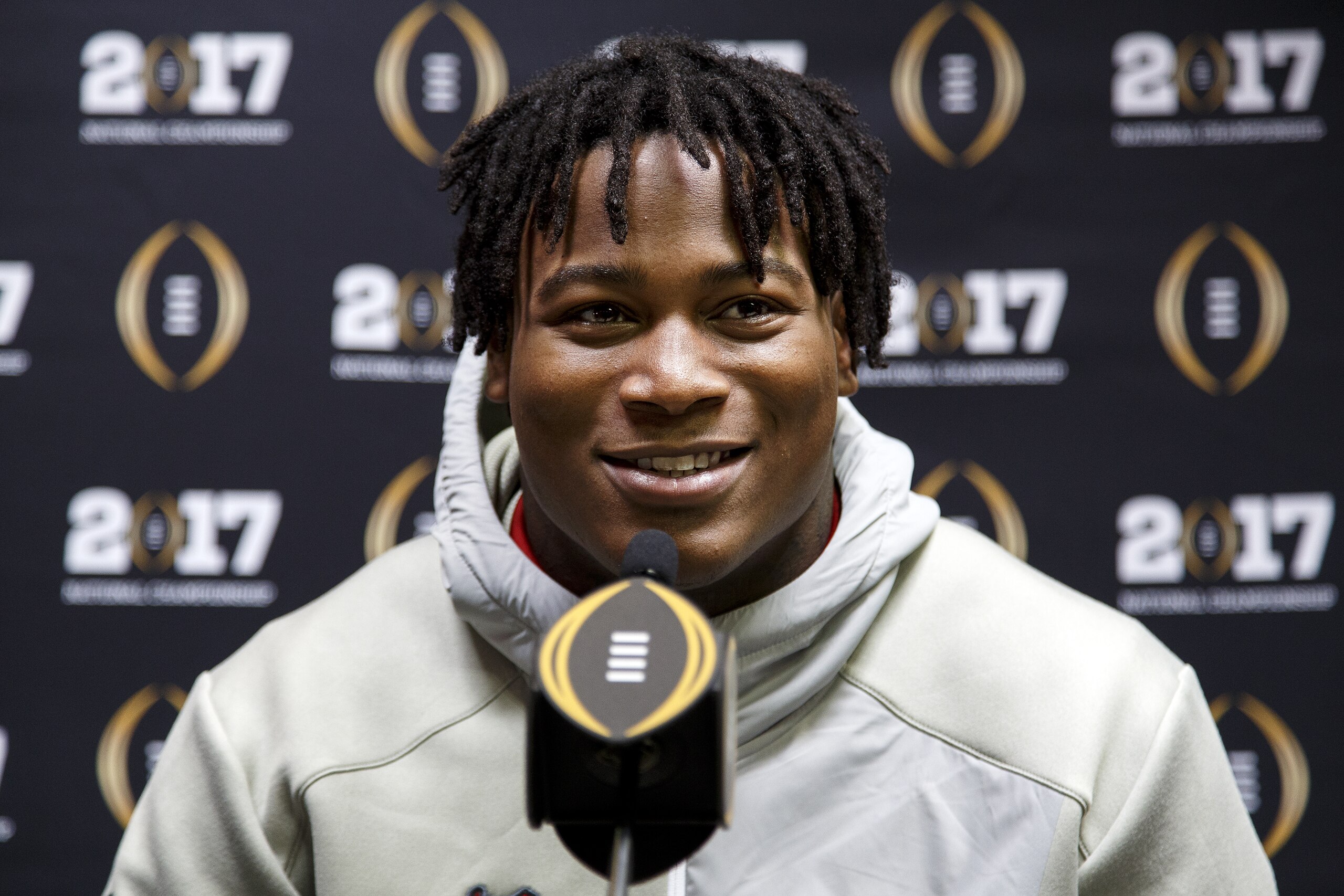 TAMPA, FL - JANUARY 7: Linebacker Reuben Foster #10 of the Alabama Crimson Tide addresses the media during Media Day before the College Football Playoff National Championship Game at Amalie Arena on January 7, 2017 in Tampa, Florida. (Photo by Don Juan Moore/Getty Images)