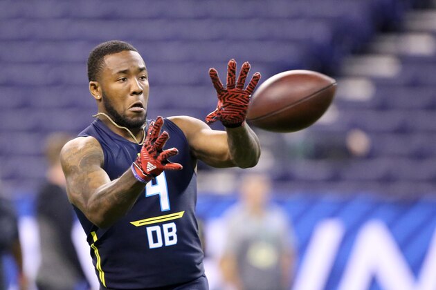 Washington safety Budda Baker competes in a drill at the 2017 NFL football scouting combine Monday, March 6, 2017, in Indianapolis. (AP Photo/Gregory Payan)