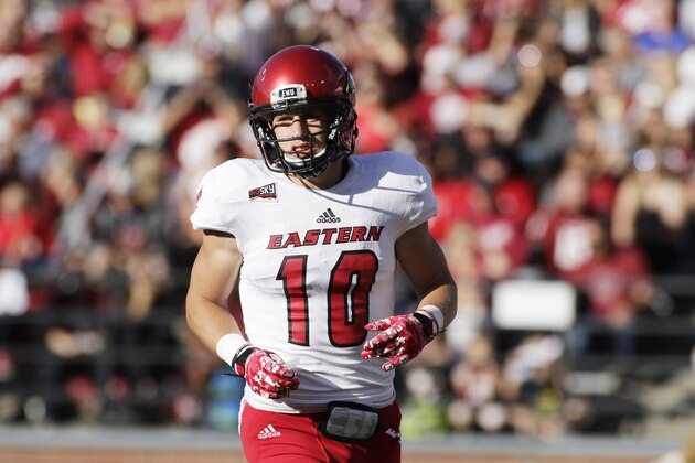 Eastern Washington wide receiver Cooper Kupp (10) stands on the field during the first half of an NCAA college football game against Washington State in Pullman, Wash., Saturday, Sept. 3, 2016. (AP Photo/Young Kwak)
