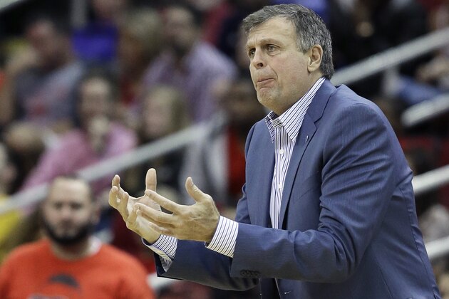 Houston Rockets head coach Kevin McHale questions a call during an NBA basketball game Saturday, Nov. 14, 2015, in Houston. McHale was fired on Wednesday, Nov. 18, with the team off to a puzzling 4-7 start. (AP Photo/Pat Sullivan)
