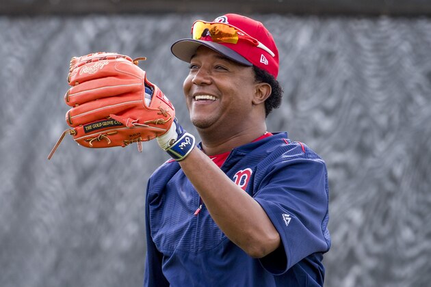FT. MYERS, FL - FEBRUARY 21: Former Boston Red Sox pitcher Pedro Martinez of the Boston Red Sox reacts during a team workout on February 21, 2017 at Fenway South in Fort Myers, Florida . (Photo by Billie Weiss/Boston Red Sox/Getty Images)