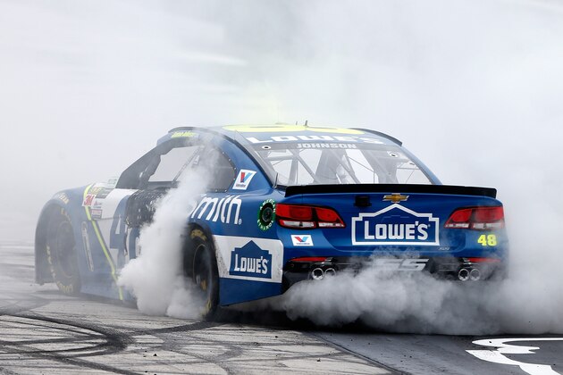 BRISTOL, TN - APRIL 24:  Jimmie Johnson, driver of the #48 Lowe's Chevrolet, celebrates with a burnout after winning the Monster Energy NASCAR Cup Series Food City 500 at Bristol Motor Speedway on April 24, 2017 in Bristol, Tennessee.  (Photo by Brian Lawdermilk/Getty Images)