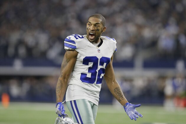 Dallas Cowboys cornerback Orlando Scandrick (32) reacts during the second half of an NFL divisional playoff football game Sunday, Jan. 15, 2017, in Arlington, Texas. (AP Photo/LM Otero)
