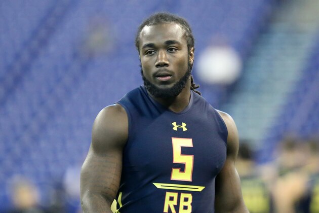 Florida State running back Dalvin Cook is seen before a drill at the 2017 NFL football scouting combine Friday, March 3, 2017, in Indianapolis. (AP Photo/Gregory Payan)